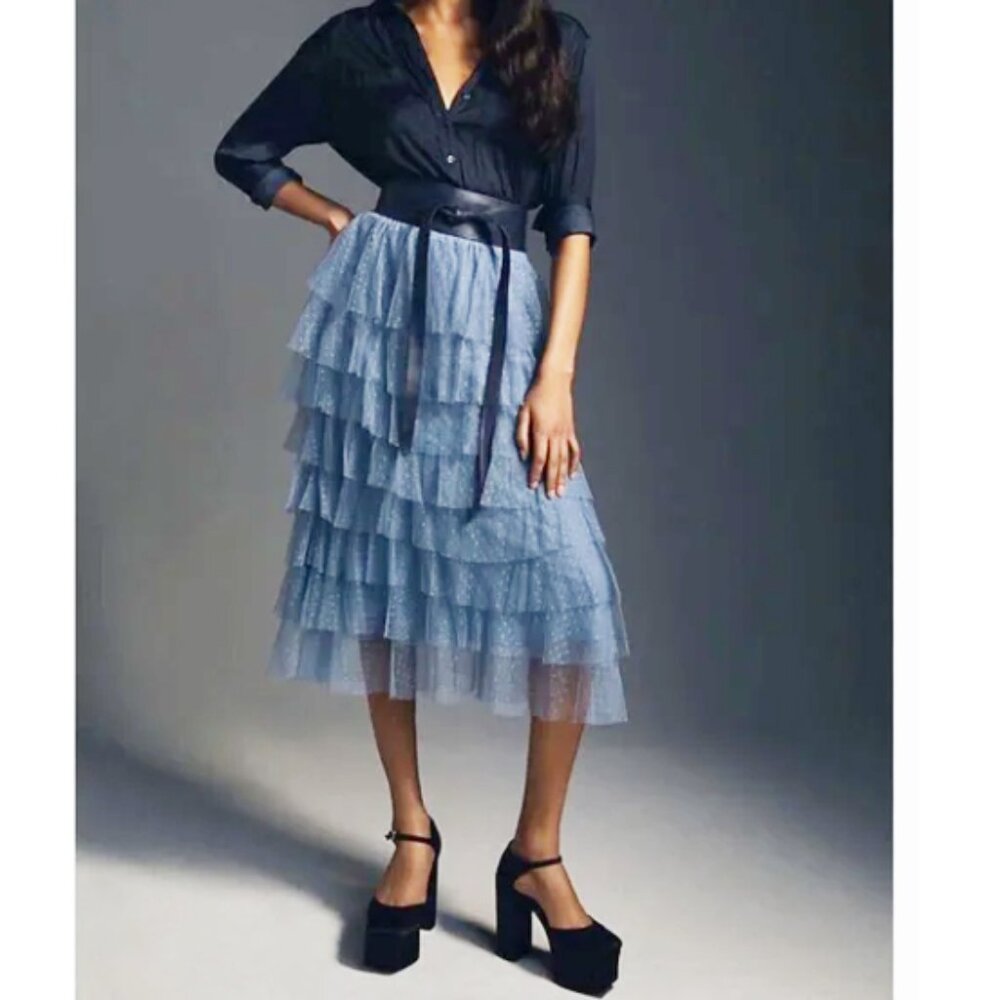 Anthropologie Dusty Blue Layered Tulle Maxi Skirt